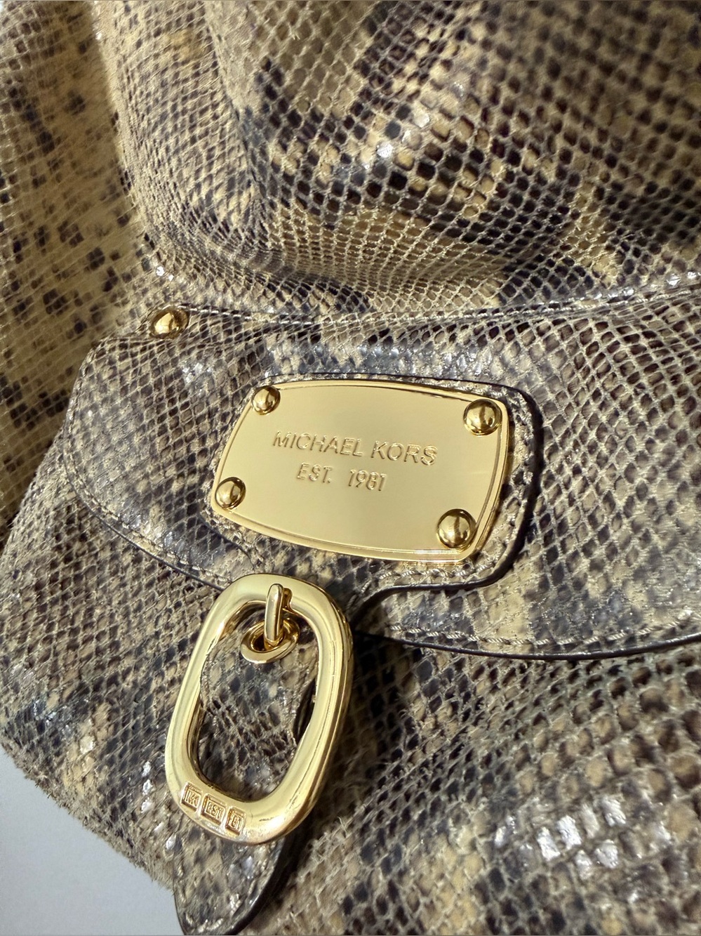 Michael Kors Snake-Print Hobo in Beige and Brown with Gold Hardware - Picture 3 of 12